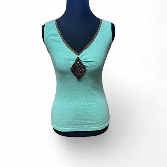 Eyeshadow Tops - Y2K Fairy Beaded Tank Top Eyeshadow Ribbed Mint Green Lace Trim Cami Size M 00s
